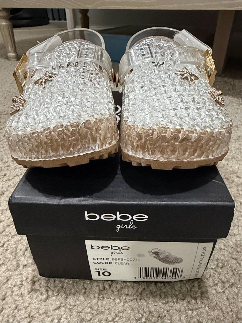bebe Girls Clear Woven Jelly Platform Mules with Gold Accents